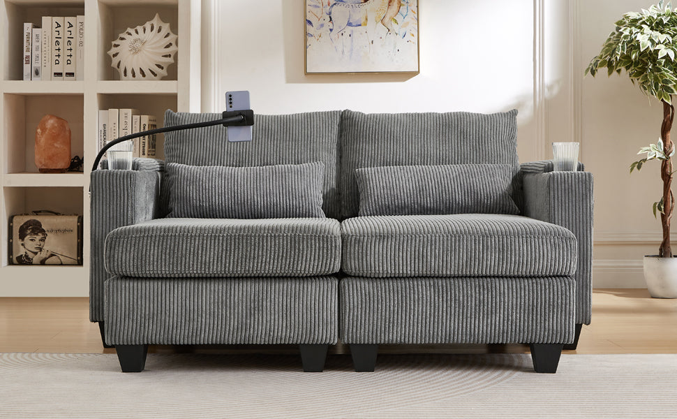 Convertible Chaise Lounge 63" Loveseat Sofa Sofa Bed Corduroy Sleeper Sofa with USB Ports , Two Cup Holders, A Phone Holder and Ample Storage Space for Living Room and Bedroom, Grey