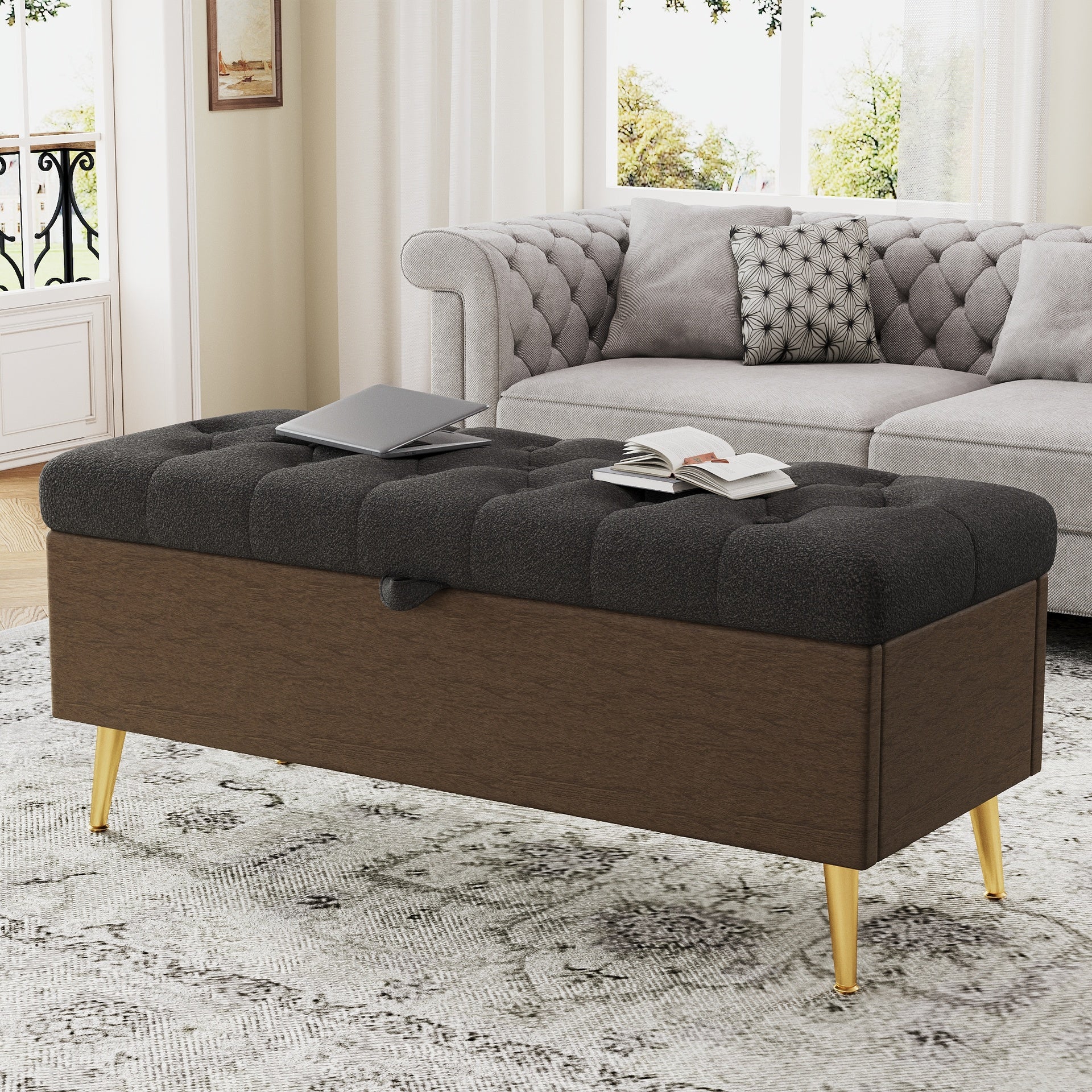 Modern Storage Ottoman Bench Upholstered Bedroom Bench Entryway Storage Ottoman Tufted Ottoman Bench for Living Room, Bedroom and Entryway, Grey
