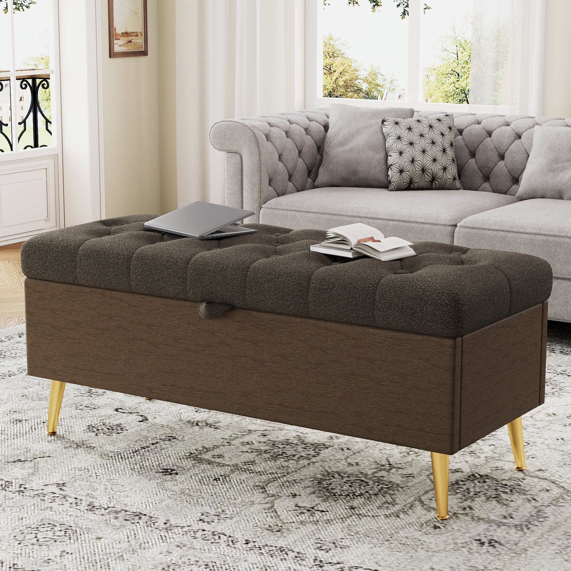 Modern Storage Ottoman Bench Upholstered Bedroom Bench Entryway Storage Ottoman Tufted Ottoman Bench for Living Room, Bedroom and Entryway, Coffee