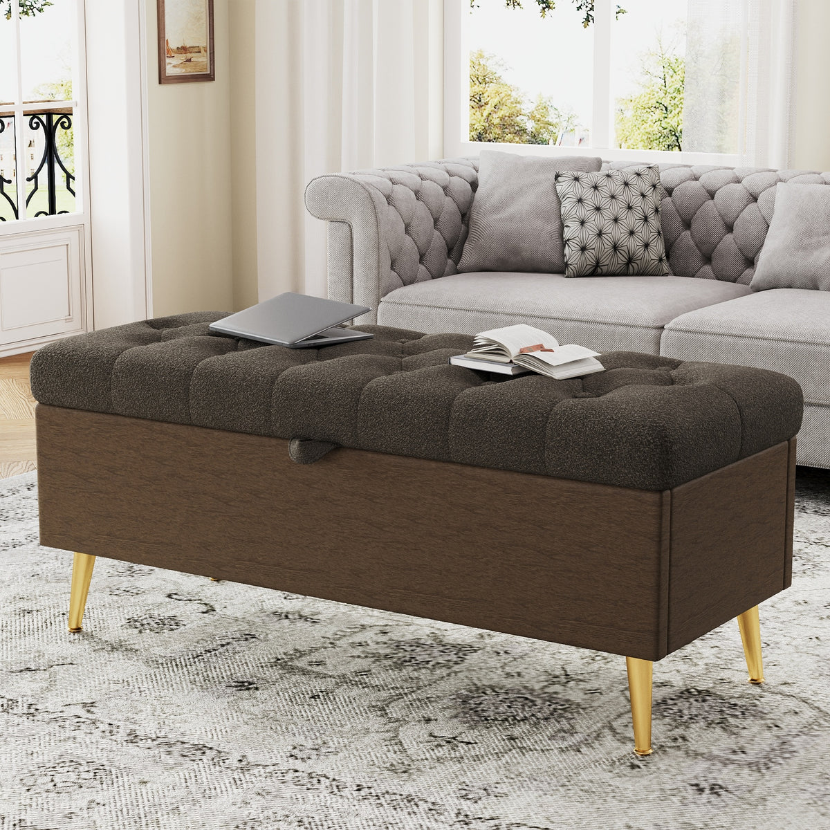 Modern Storage Ottoman Bench Upholstered Bedroom Bench Entryway Storage Ottoman Tufted Ottoman Bench for Living Room, Bedroom and Entryway, Coffee