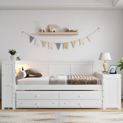 Full Size Daybed with Storage Shelves,Drawers,Trundle,Charging Station,LED Light,Desk and Cabinet,White