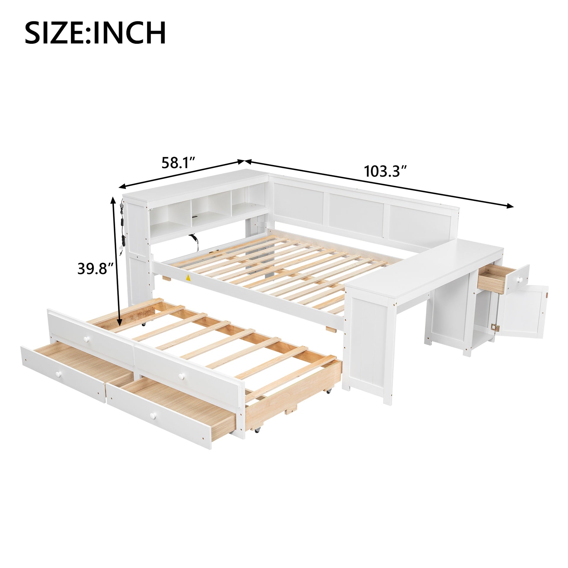 Full Size Daybed with Storage Shelves,Drawers,Trundle,Charging Station,LED Light,Desk and Cabinet,White
