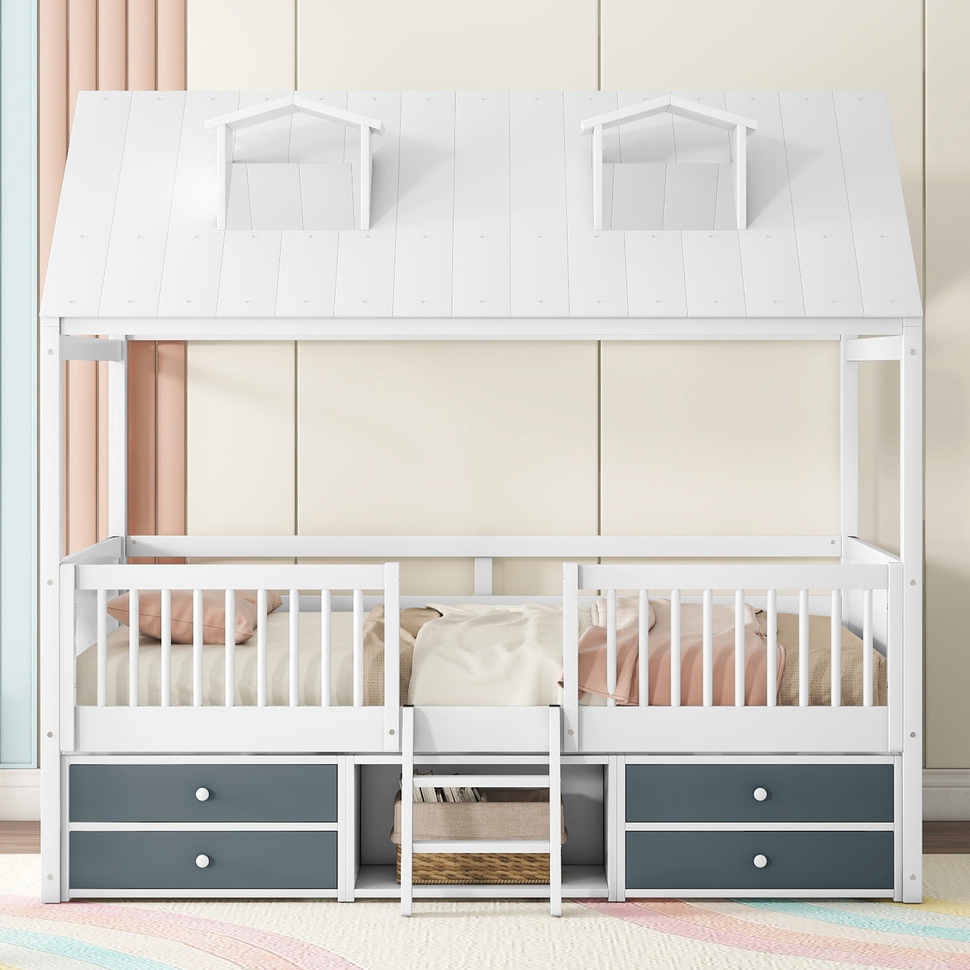 Full Size Wood Bed House Bed Frame,White