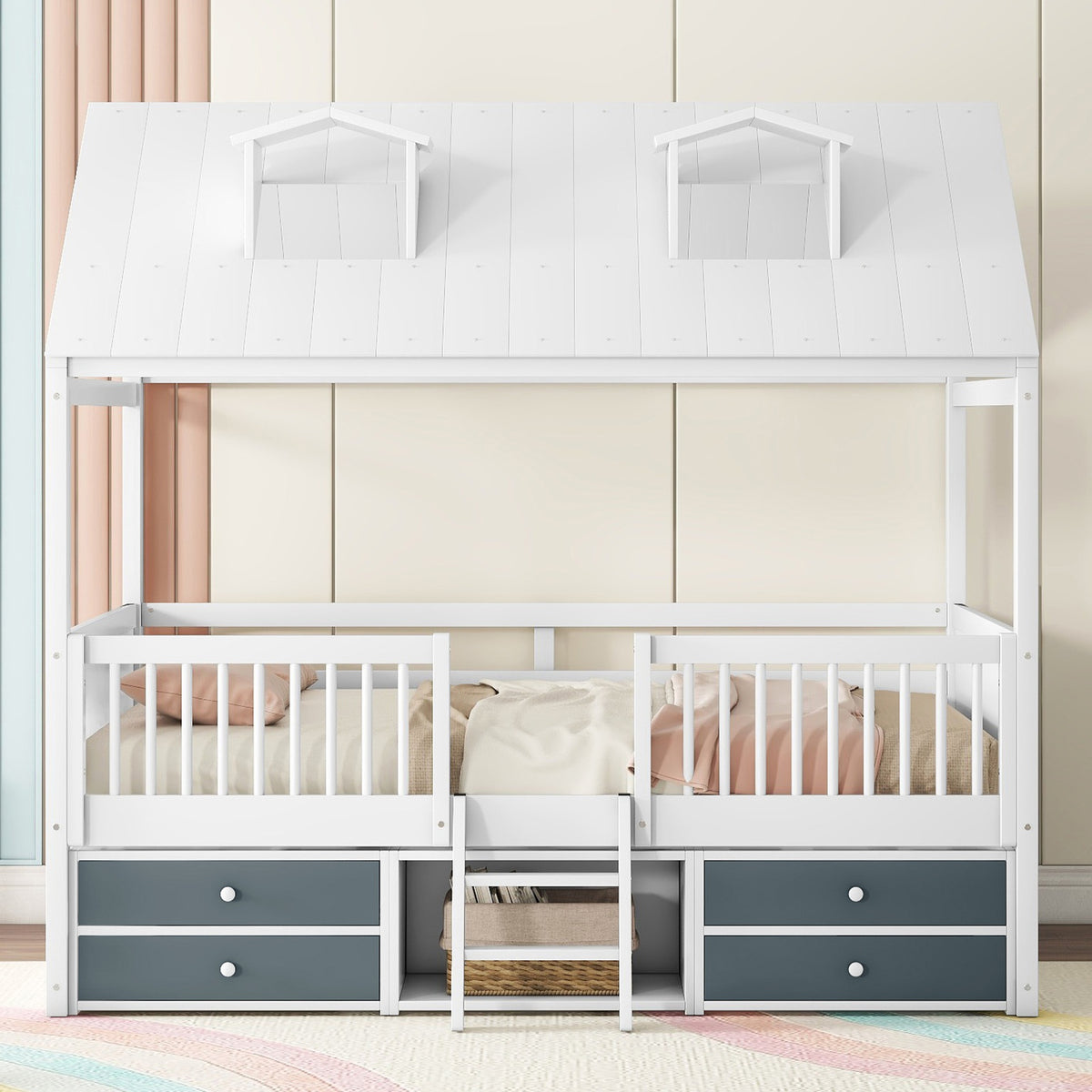 Full Size Wood Bed House Bed Frame,White