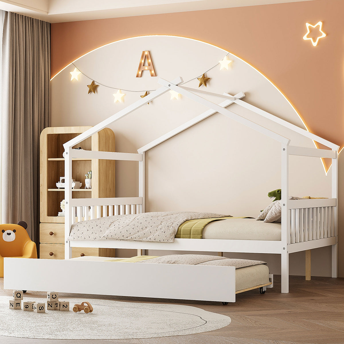 Full Size Wooden House Bed with Twin Size Trundle, White(OLD SKU:LP000305AAK)