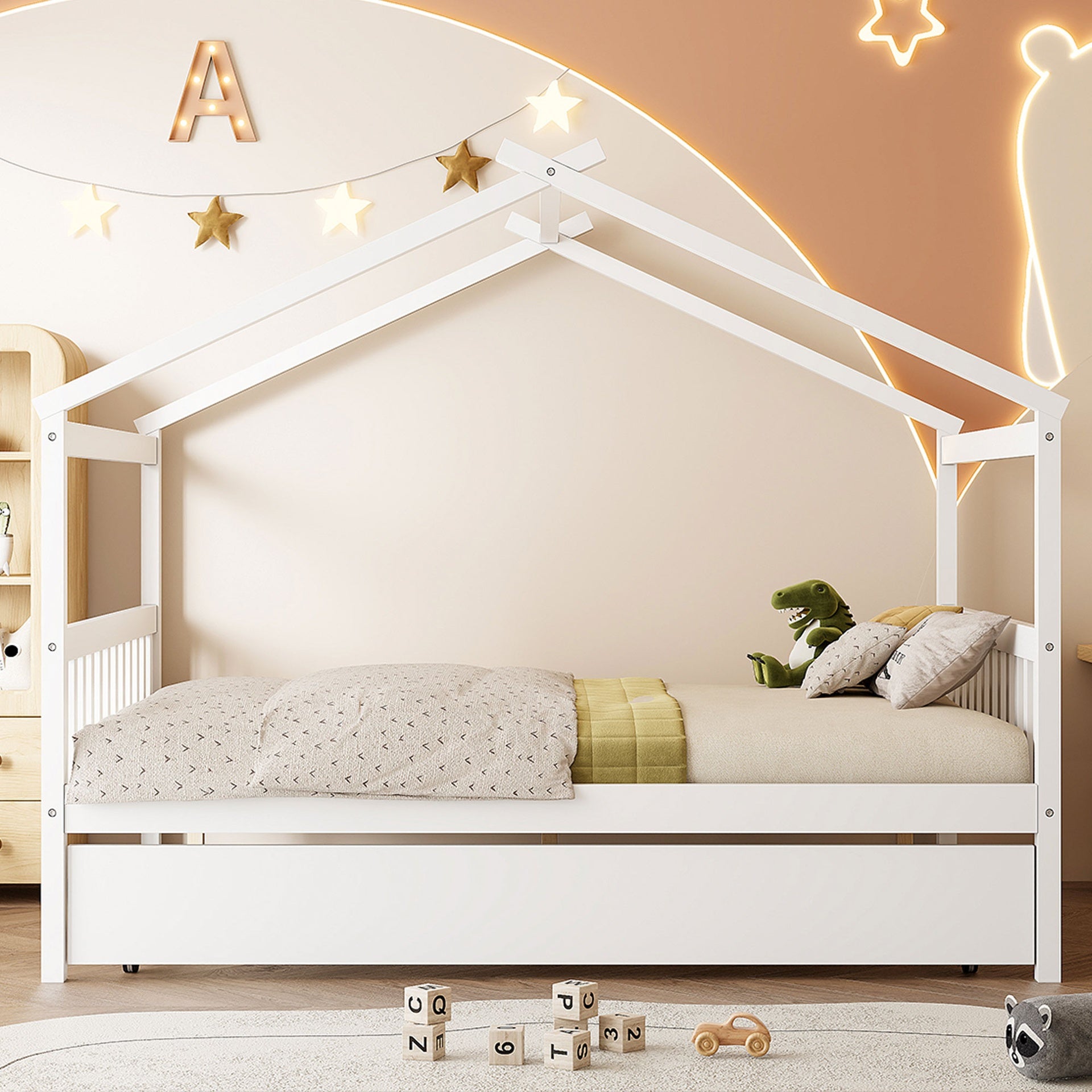 Full Size Wooden House Bed with Twin Size Trundle, White(OLD SKU:LP000305AAK)