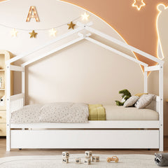Full Size Wooden House Bed with Twin Size Trundle, White(OLD SKU:LP000305AAK)