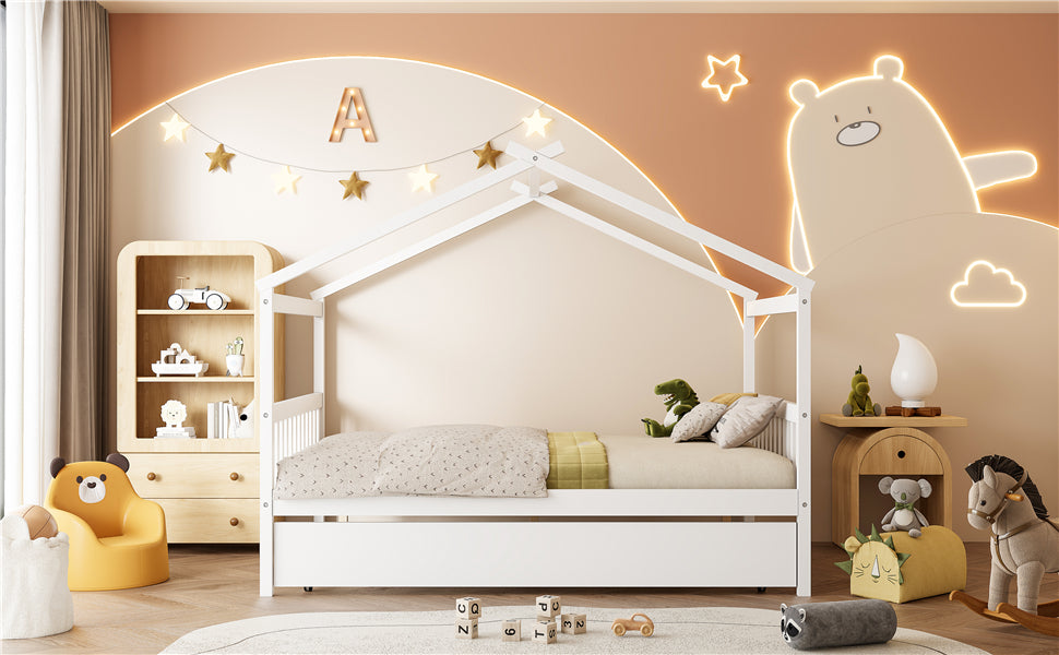 Full Size Wooden House Bed with Twin Size Trundle, White(OLD SKU:LP000305AAK)