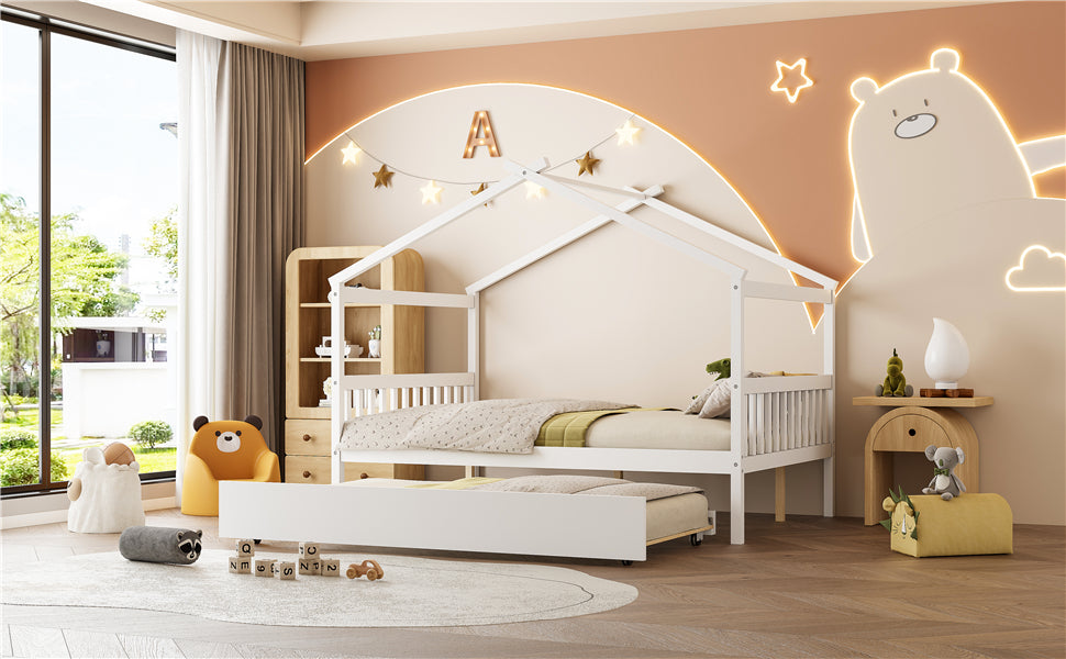 Full Size Wooden House Bed with Twin Size Trundle, White(OLD SKU:LP000305AAK)