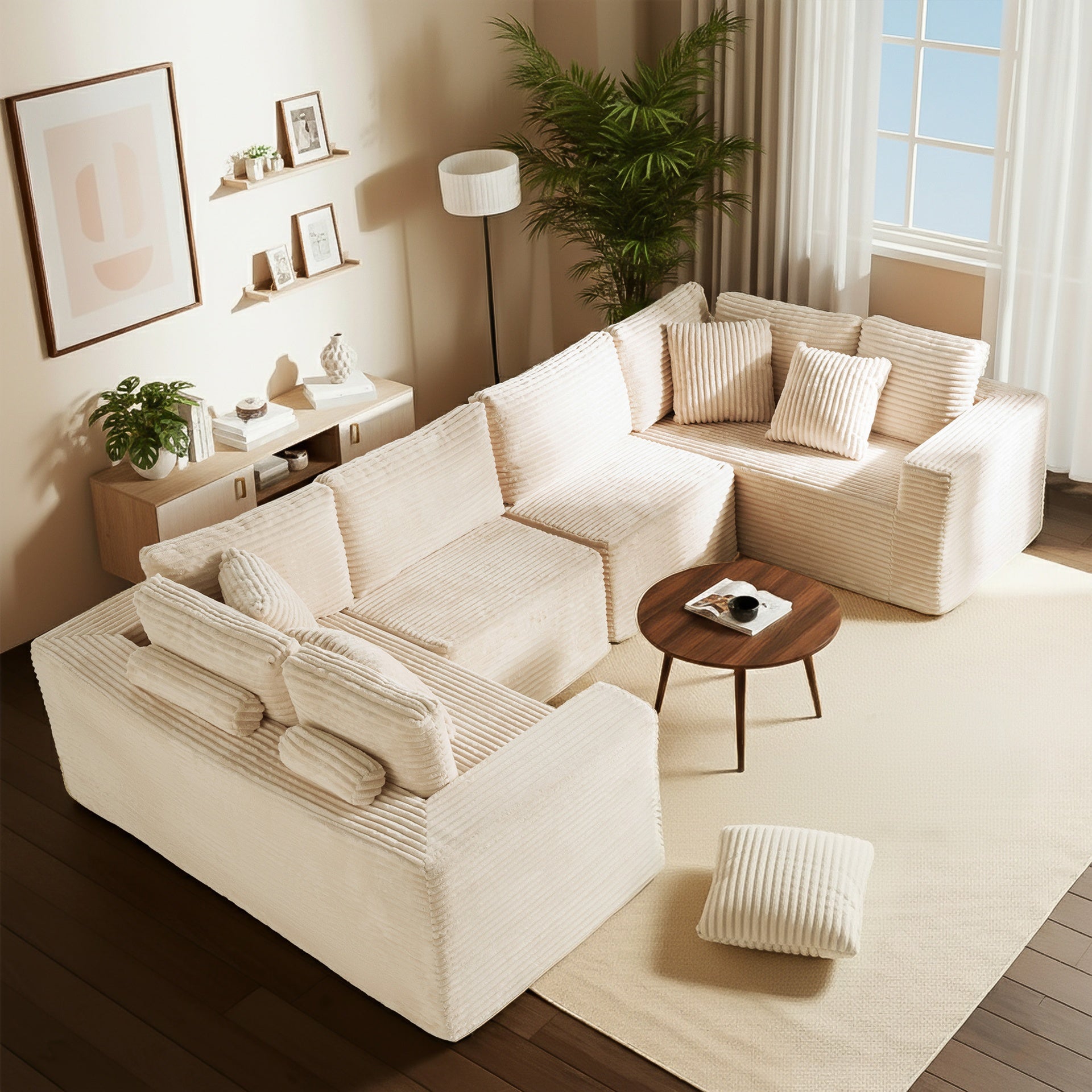 135.5" Beige Corduroy Modular Sectional Sofa: 6-Seater U-Shaped Couch with Reversible Chaise Lounge, Freely Configurable for Small Apartments/Living Rooms (Easy to Assemble)