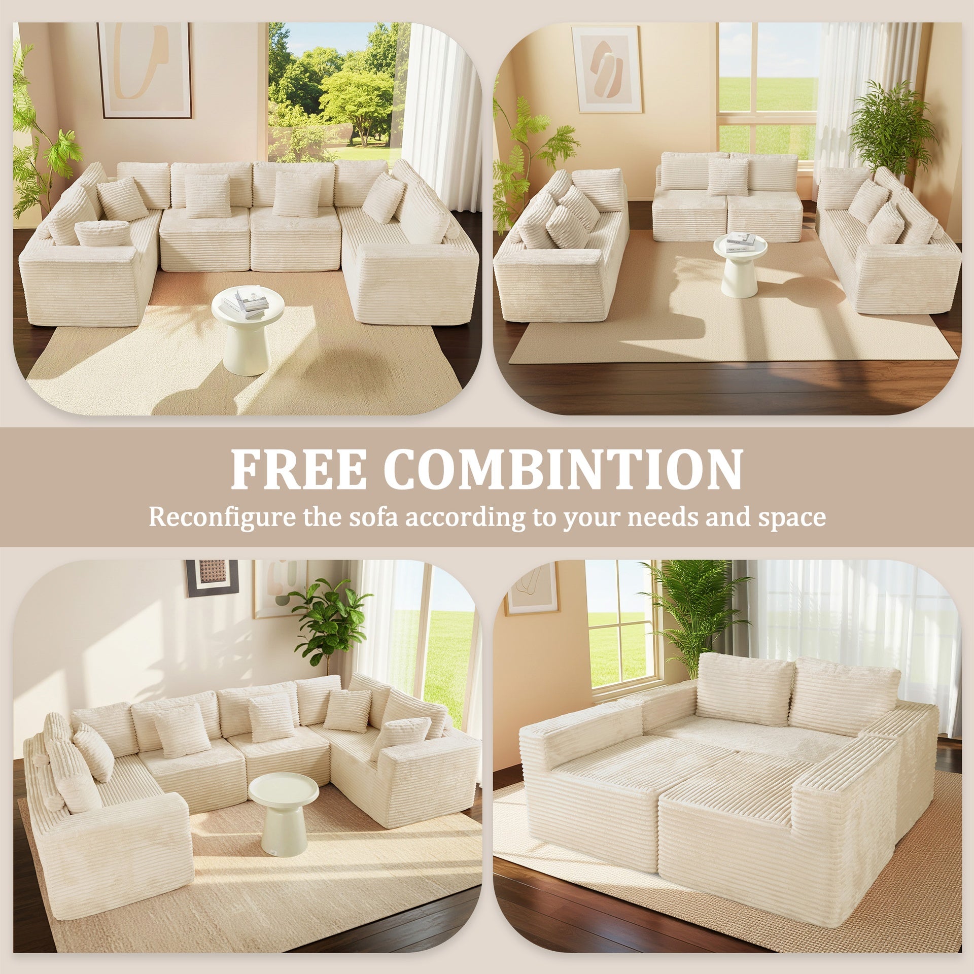 135.5" Beige Corduroy Modular Sectional Sofa: 6-Seater U-Shaped Couch with Reversible Chaise Lounge, Freely Configurable for Small Apartments/Living Rooms (Easy to Assemble)