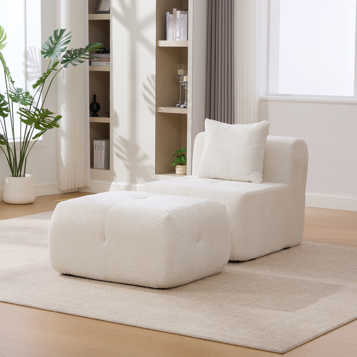 31" Modular Cloud Armless Accent Chair with Ottoman Set, Modern Boneless Deep Seat Single Sofa Soft Lounger with Footstool Throw Pillow for Living Room, Bedroom, Dorms, No Assembly Required, Ivory
