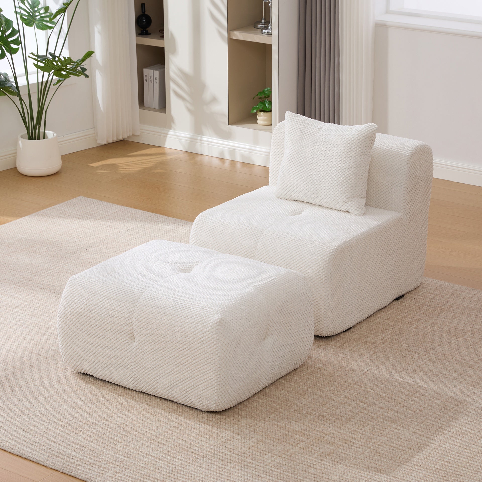 31" Modular Cloud Armless Accent Chair with Ottoman Set, Modern Boneless Deep Seat Single Sofa Soft Lounger with Footstool Throw Pillow for Living Room, Bedroom, Dorms, No Assembly Required, Ivory