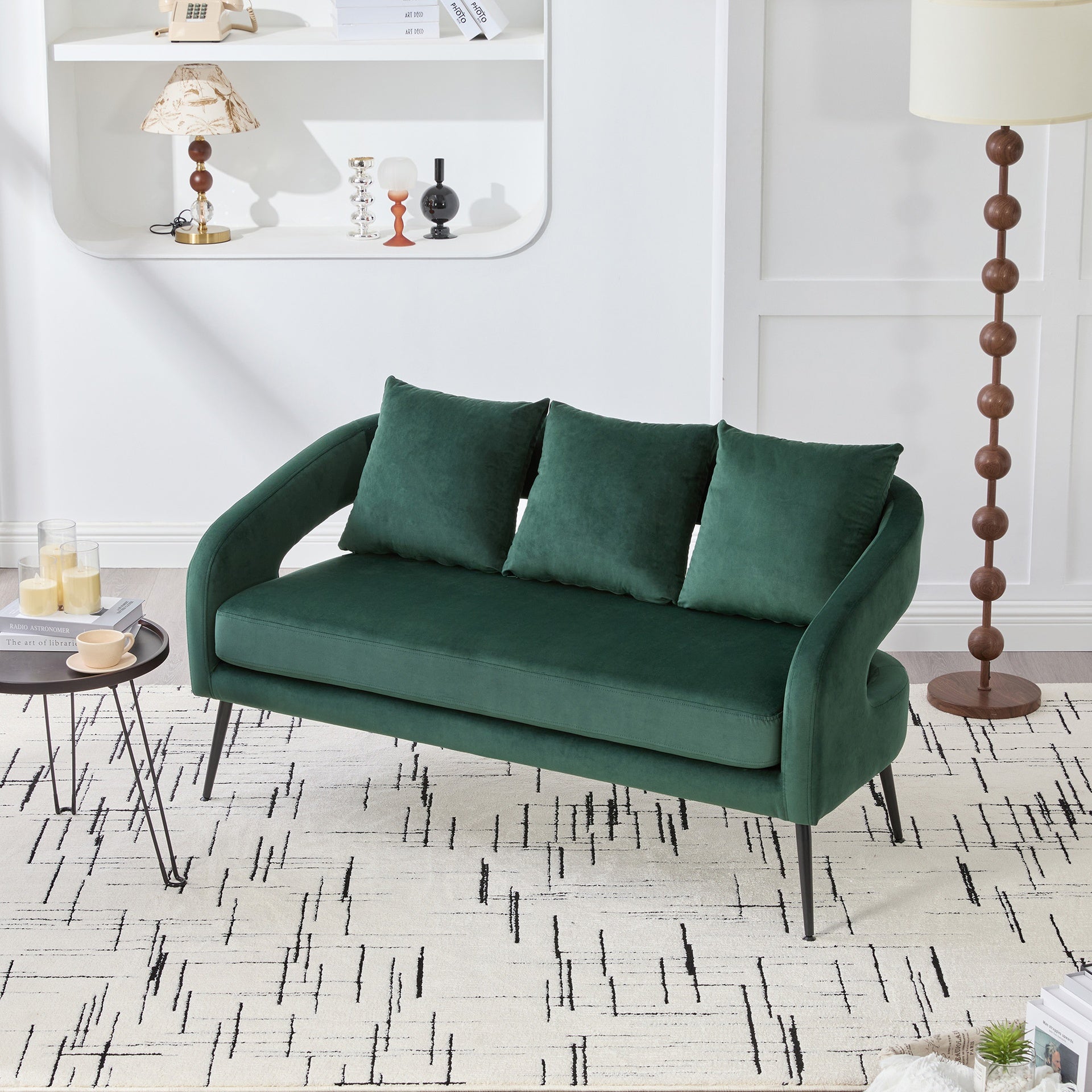 53.7"Modern Upholstered Velvet Open Back Loveseat Settee with 3 Pillows, Small Comfy Sofa 2-Seater Mini Sofa for Small Space with Metal Legs, Living Room Bedroom Office Dorm Studio Apartment, Green