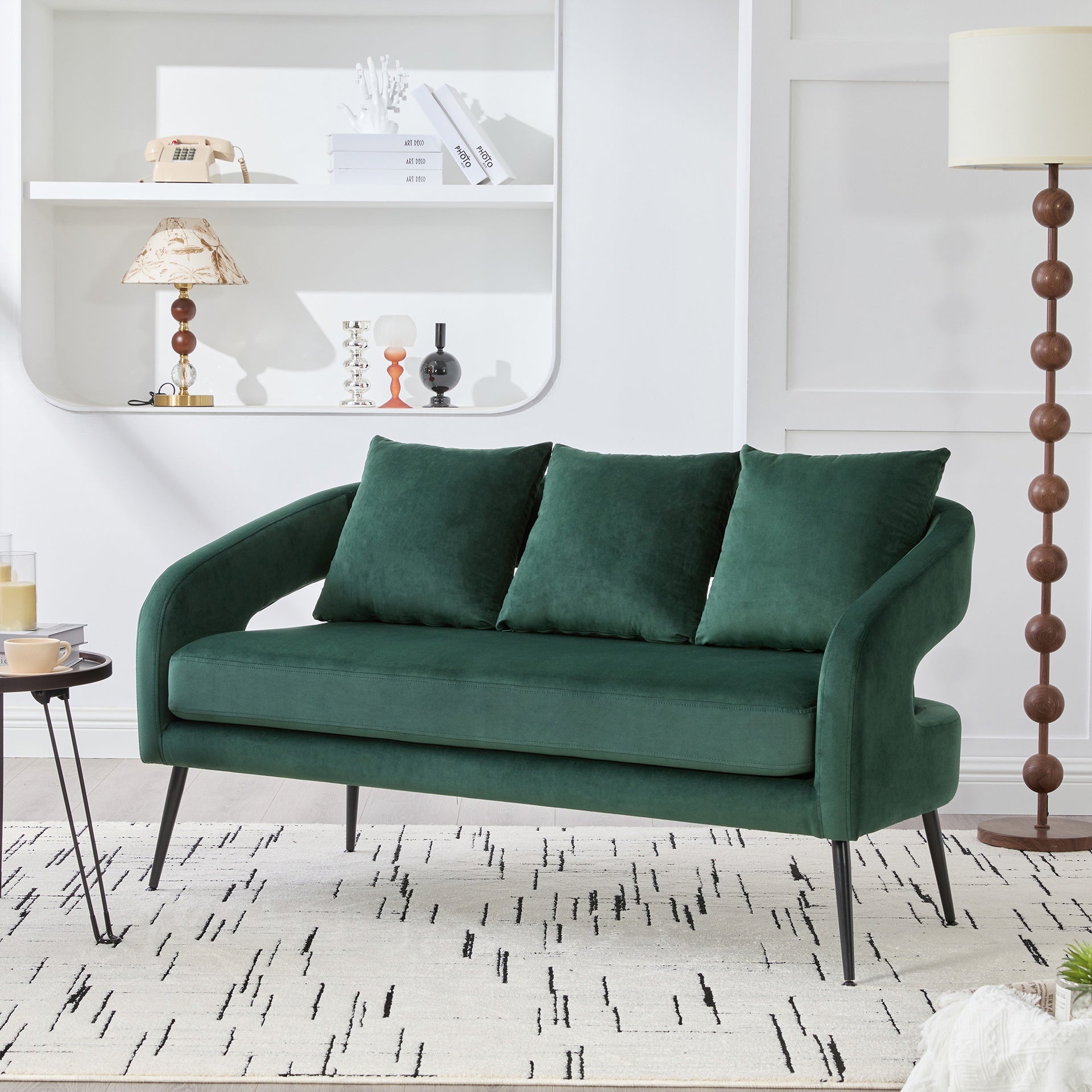 53.7"Modern Upholstered Velvet Open Back Loveseat Settee with 3 Pillows, Small Comfy Sofa 2-Seater Mini Sofa for Small Space with Metal Legs, Living Room Bedroom Office Dorm Studio Apartment, Green