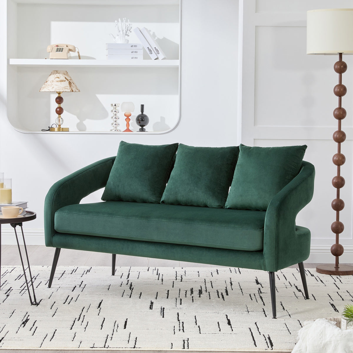 53.7"Modern Upholstered Velvet Open Back Loveseat Settee with 3 Pillows, Small Comfy Sofa 2-Seater Mini Sofa for Small Space with Metal Legs, Living Room Bedroom Office Dorm Studio Apartment, Green