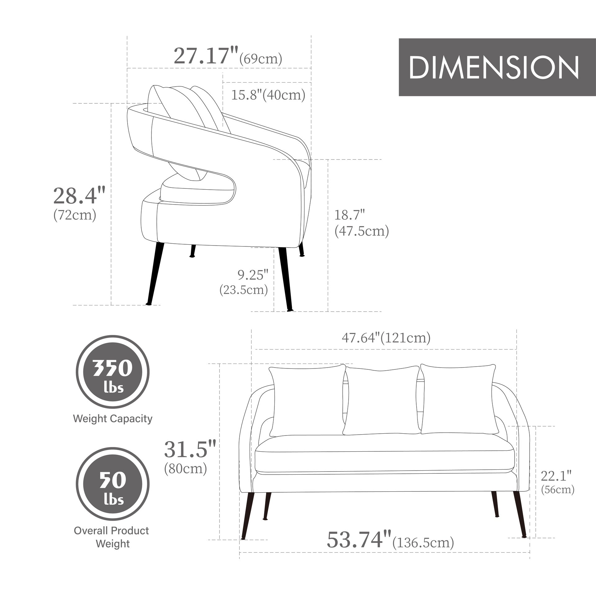 53.7"Modern Upholstered Velvet Open Back Loveseat Settee with 3 Pillows, Small Comfy Sofa 2-Seater Mini Sofa for Small Space with Metal Legs, Living Room Bedroom Office Dorm Studio Apartment, Green
