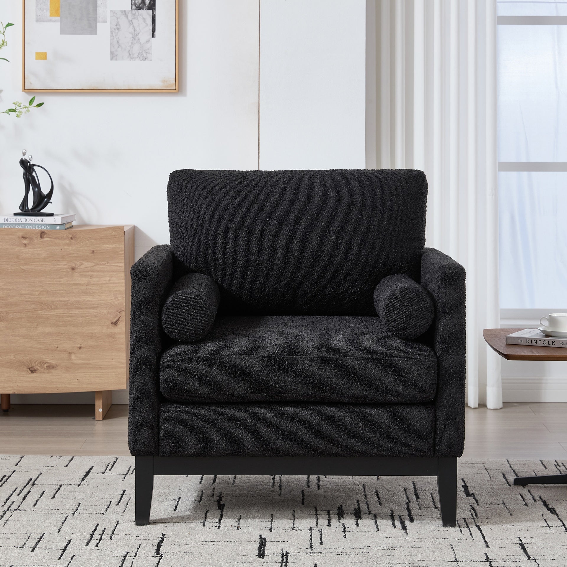 35.4 "Wide Modern Farmhouse Performance Accent Chair with Black Finish Legs, Wood Base Reading Armchair Single Sofa with Two Bolster Pillows for Living Room offices and Lounge, Black Boucle.