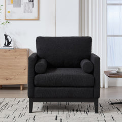 35.4 "Wide Modern Farmhouse Performance Accent Chair with Black Finish Legs, Wood Base Reading Armchair Single Sofa with Two Bolster Pillows for Living Room offices and Lounge, Black Boucle.