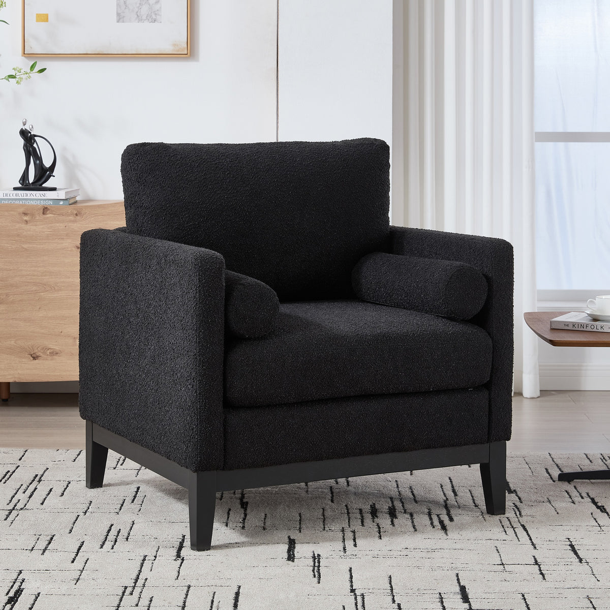 35.4 "Wide Modern Farmhouse Performance Accent Chair with Black Finish Legs, Wood Base Reading Armchair Single Sofa with Two Bolster Pillows for Living Room offices and Lounge, Black Boucle.