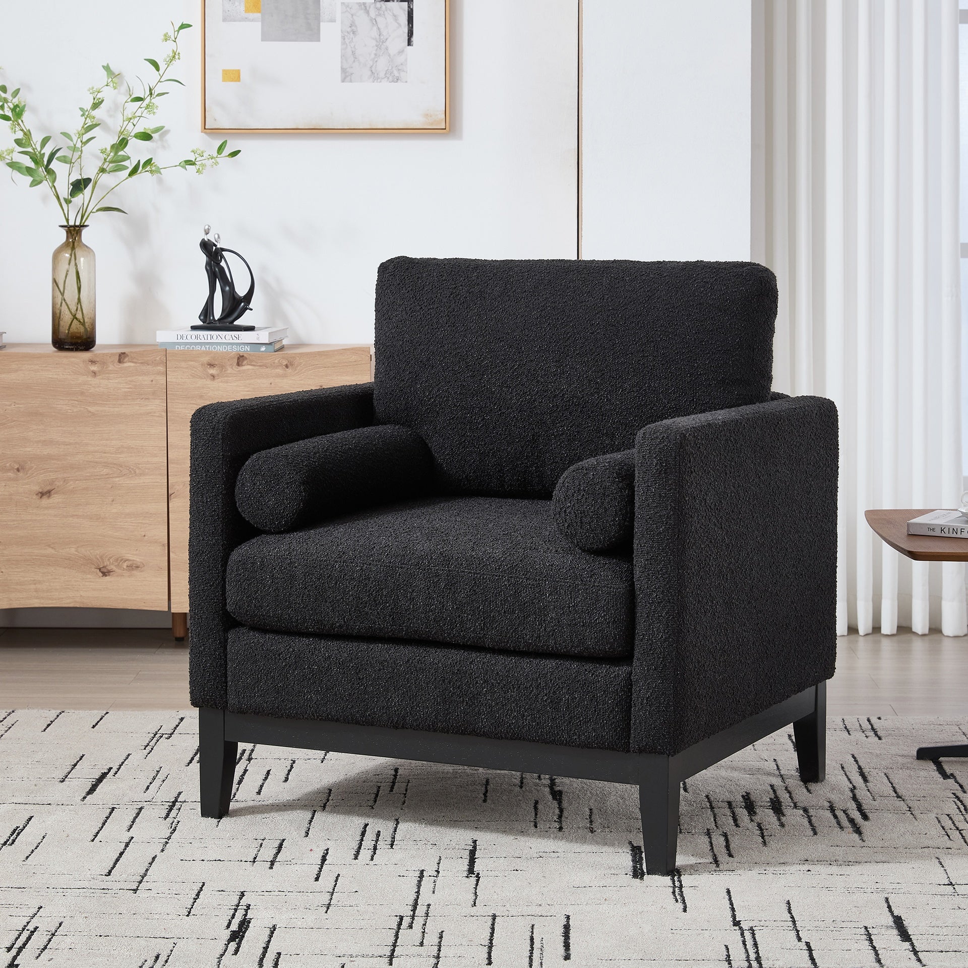 35.4 "Wide Modern Farmhouse Performance Accent Chair with Black Finish Legs, Wood Base Reading Armchair Single Sofa with Two Bolster Pillows for Living Room offices and Lounge, Black Boucle.