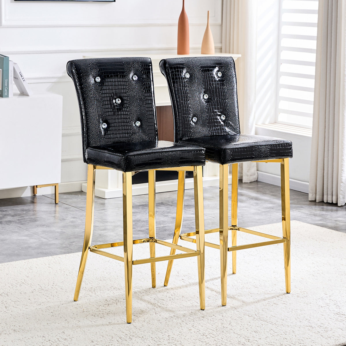 A set of 2 black and gold vintage crocodile leather bar chairs, featuring crystal clasp design and synthetic leather design, adding a touch of elegance and mystery to the dining area