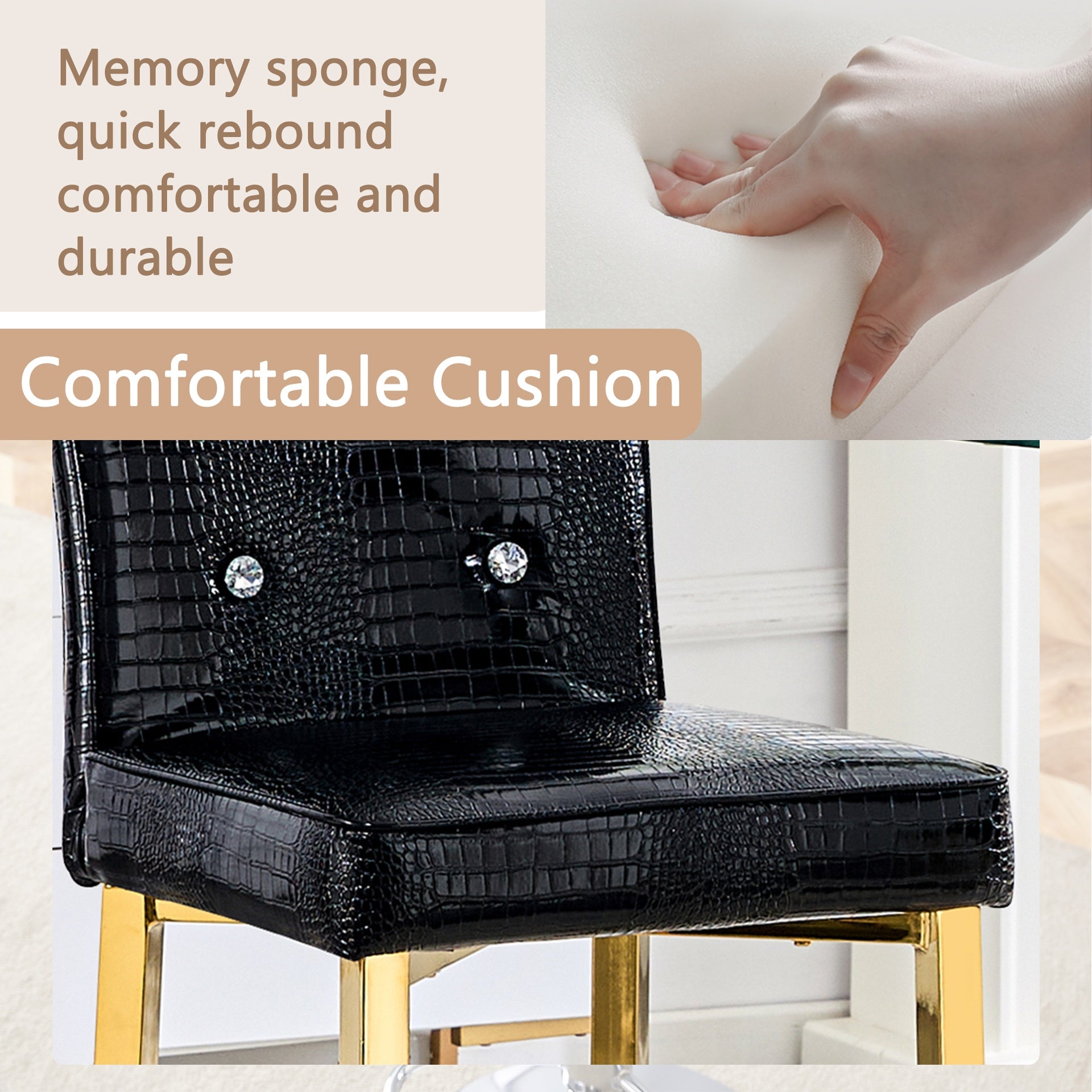 A set of 2 black and gold vintage crocodile leather bar chairs, featuring crystal clasp design and synthetic leather design, adding a touch of elegance and mystery to the dining area