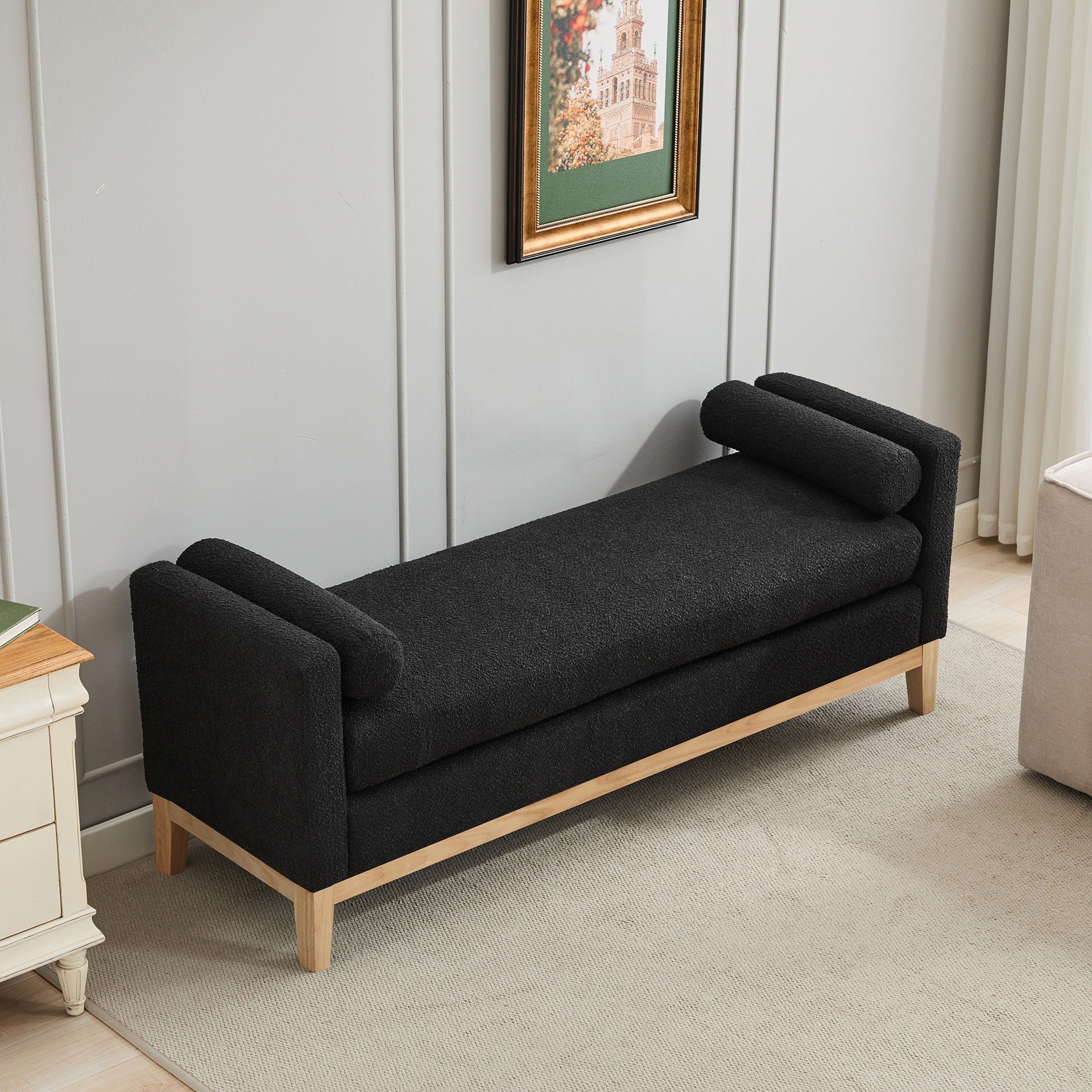 66.34"W Elegant Upholstered Bench,Daybed, Ottoman with Nature Wood Legs & 2 Bolster Pillows for End of Bed, Bedroom, Living Room, Entryway,Black Boucle