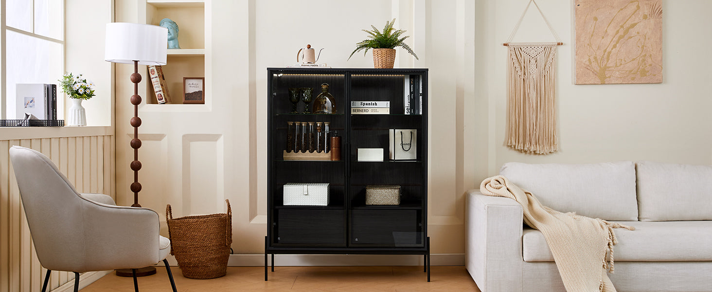 51.2'' Freestanding Display Cabinet, Pantry with 2 Storage Drawers and Glass Doors, Curio Cabinet with 4-Tier Adjustable Shelves and LED light, for Living Room, Kitchen, Office - Black