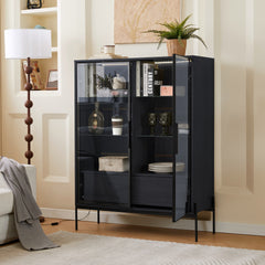51.2'' Freestanding Display Cabinet, Pantry with 2 Storage Drawers and Glass Doors, Curio Cabinet with 4-Tier Adjustable Shelves and LED light, for Living Room, Kitchen, Office - Black