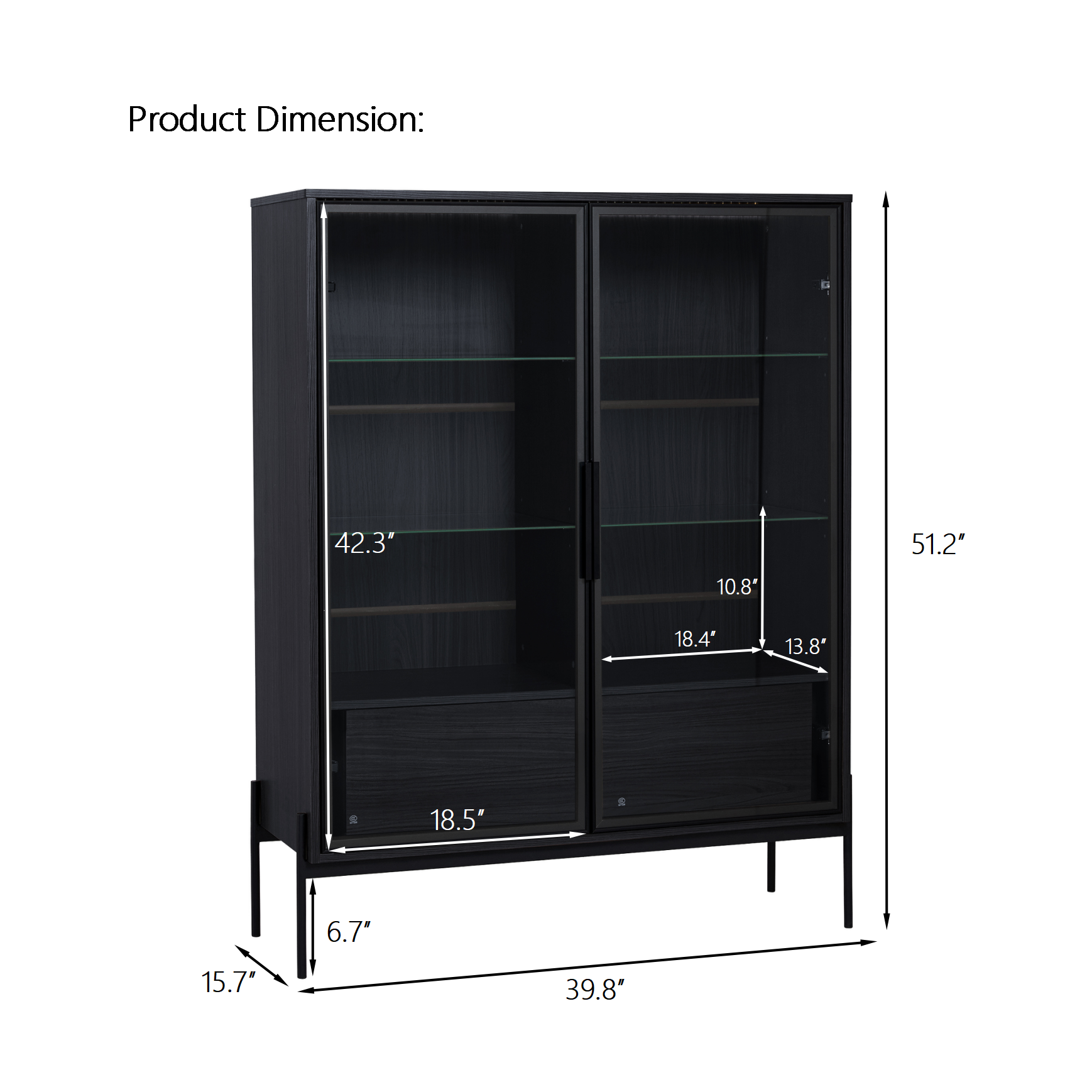 51.2'' Freestanding Display Cabinet, Pantry with 2 Storage Drawers and Glass Doors, Curio Cabinet with 4-Tier Adjustable Shelves and LED light, for Living Room, Kitchen, Office - Black