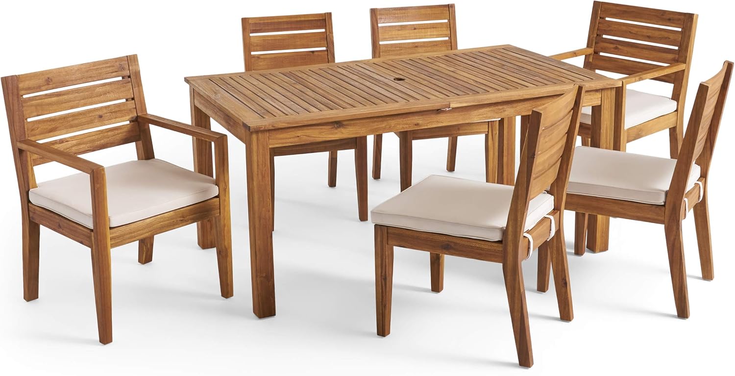 Outdoor 6-Seater Acacia Wood Expandable Dining Set with Cushions,Sandblasted Natural and Beige