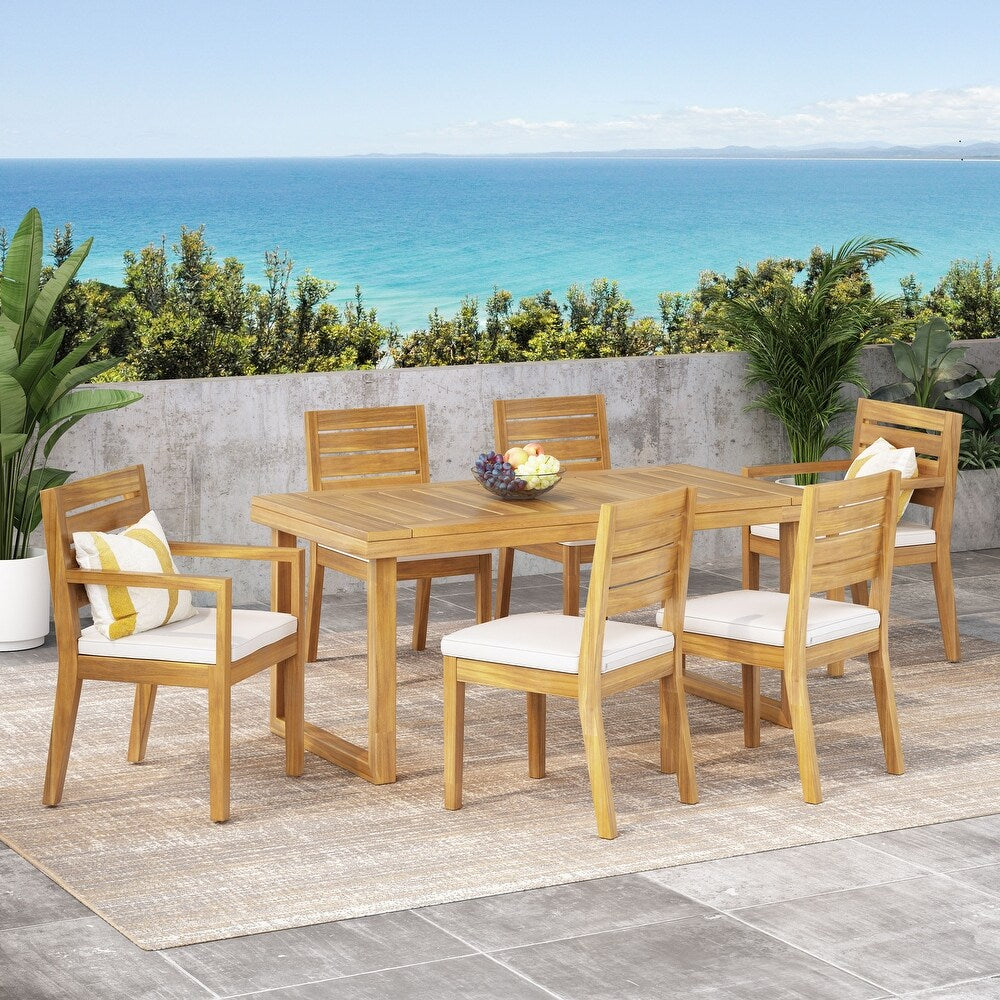 Outdoor Acacia Wood 7 Piece Dining Set with Cushions, Sandblasted Natural and Beige