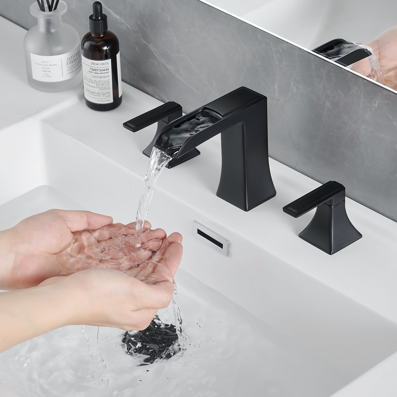 Bathroom Faucets for Sink 3 Hole Black 8 inch Widespread Bathroom Sink Faucet with Pop Up Drain Double Lever Handle Faucet Bathroom Vanity Faucet Basin Mixer Tap Faucet with Hose