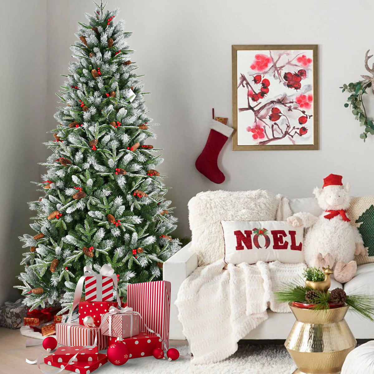 8FT Christmas Tree with 2850 Tips, Red Berries & Pine Cones – Snow-Dusted PE+PVC Branches, Hinged Design for Easy Setup, Sturdy Metal Stand – Full, Natural Holiday Tree Decoration