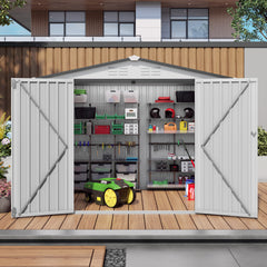 8X6 FT Metal Outdoor Garden Storage Shed, Tool Shed with Pitched Roof Waterproof with One Window and Two Lockable Door, Metal Tool Shed for Garden Tool Storage, Sundries and Bike Storage, White + Gray