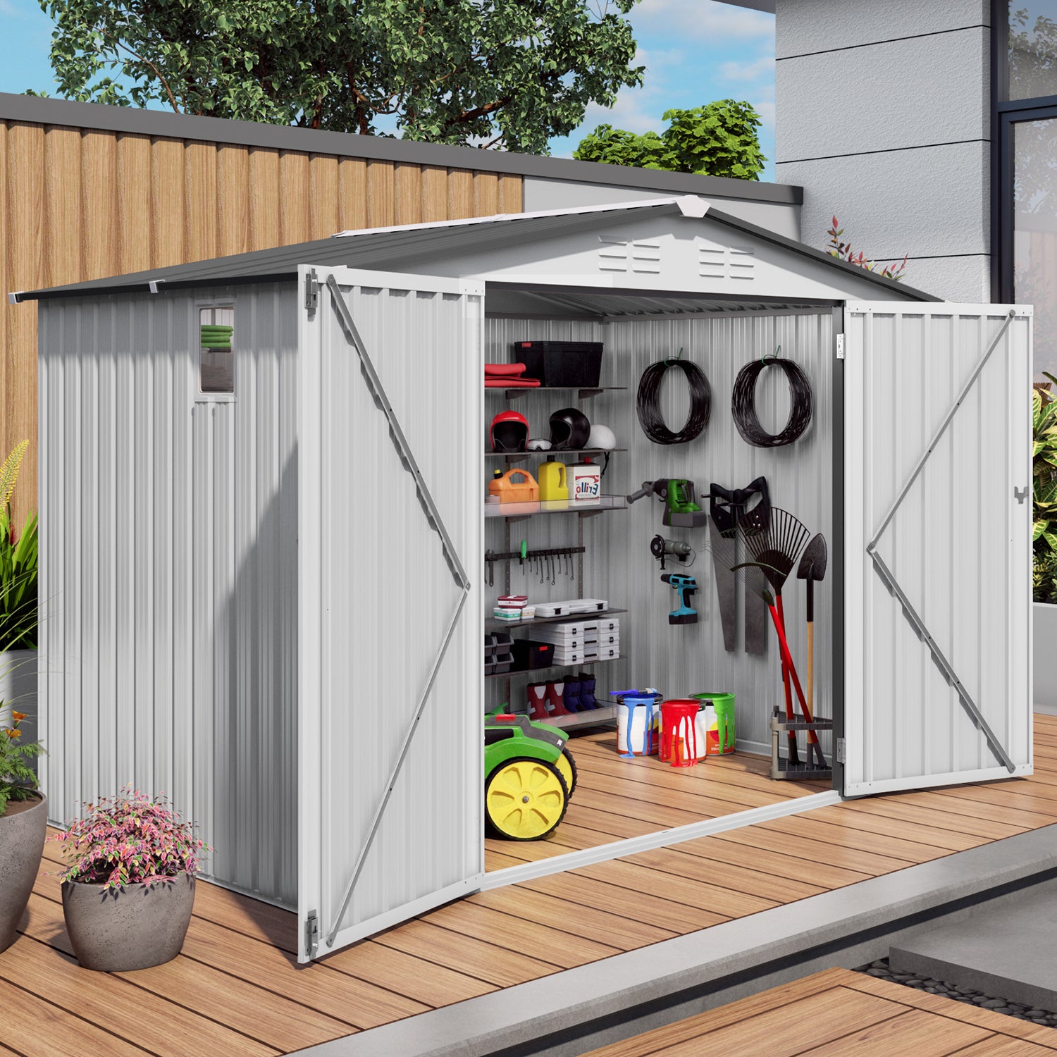8X6 FT Metal Outdoor Garden Storage Shed, Tool Shed with Pitched Roof Waterproof with One Window and Two Lockable Door, Metal Tool Shed for Garden Tool Storage, Sundries and Bike Storage, White + Gray