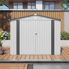 8X6 FT Metal Outdoor Garden Storage Shed, Tool Shed with Pitched Roof Waterproof with One Window and Two Lockable Door, Metal Tool Shed for Garden Tool Storage, Sundries and Bike Storage, White + Gray