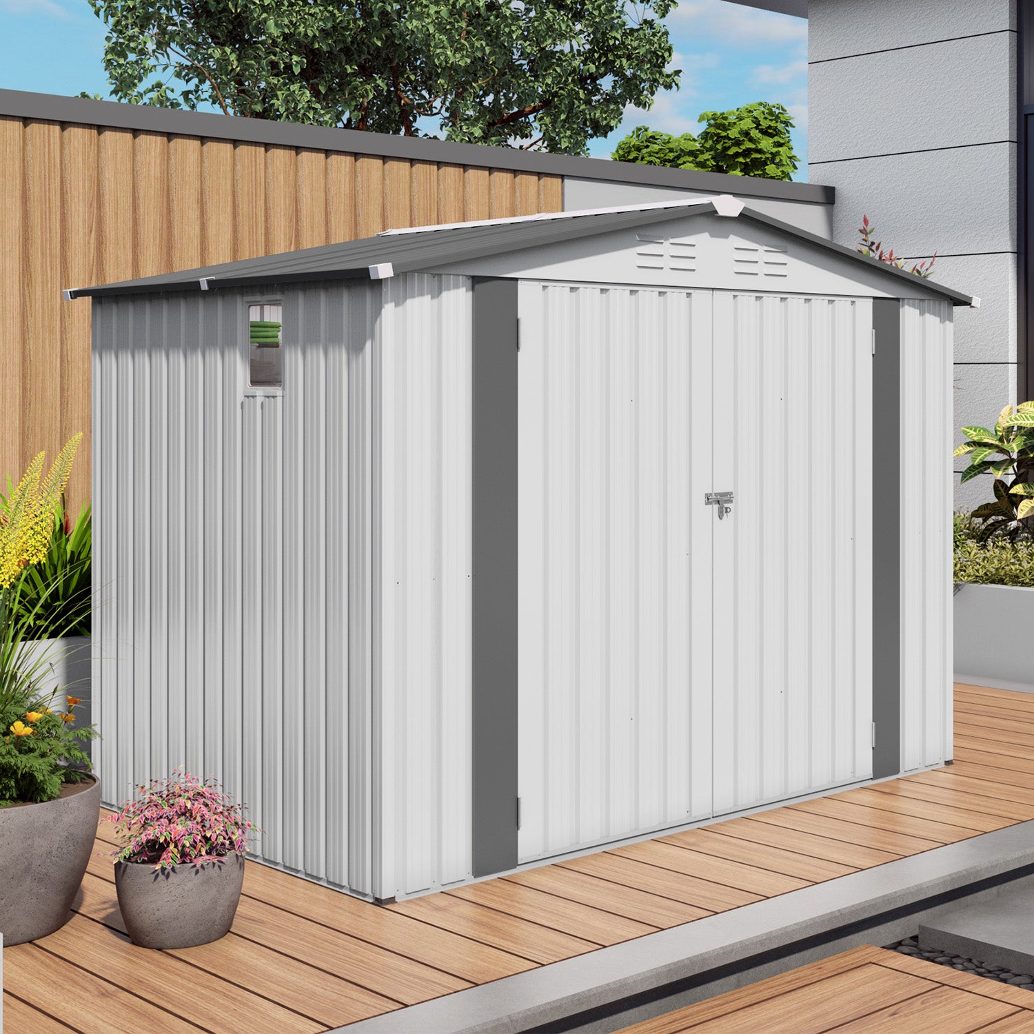 8X6 FT Metal Outdoor Garden Storage Shed, Tool Shed with Pitched Roof Waterproof with One Window and Two Lockable Door, Metal Tool Shed for Garden Tool Storage, Sundries and Bike Storage, White + Gray