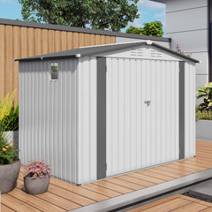 8X6 FT Metal Outdoor Garden Storage Shed, Tool Shed with Pitched Roof Waterproof with One Window and Two Lockable Door, Metal Tool Shed for Garden Tool Storage, Sundries and Bike Storage, White + Gray