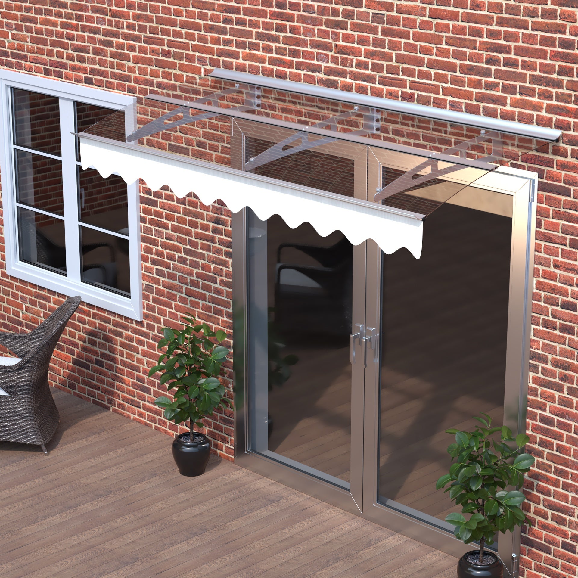 DA7934C Series Door Window Awning Canopy Made of 0.137Inch Thick Crystal Solid Polycarbonate Sheet and Aluminum Alloy with Valance in size of 79" Wide x 34" Deep for Masonry Concrete Wall House only.