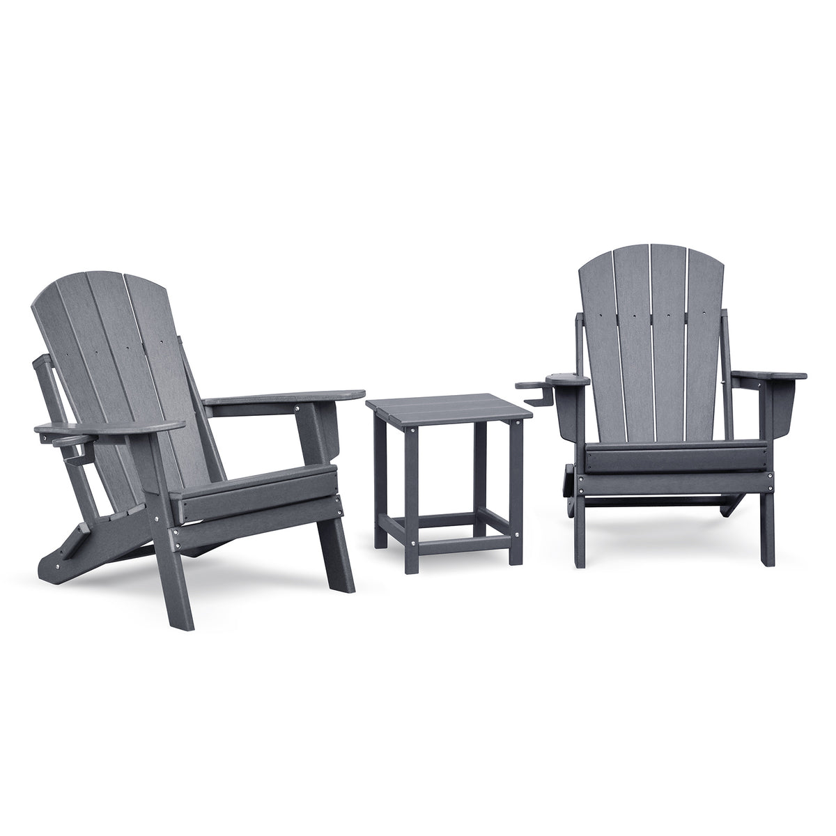 Folding Outdoor Adirondack Chair Set of 2 and Table Set,HDPE All-weather Folding Fire Pit Chair,  Ergonomic Design Patio Lawn Chair for Outside Deck Garden Backyardf Balcony, Grey