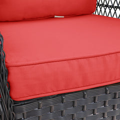 3 Pieces Conversation Set, Outdoor Wicker Rocker Swivel  Patio Bistro Set,  Rocking Chair with Glass Top Side Table,Red