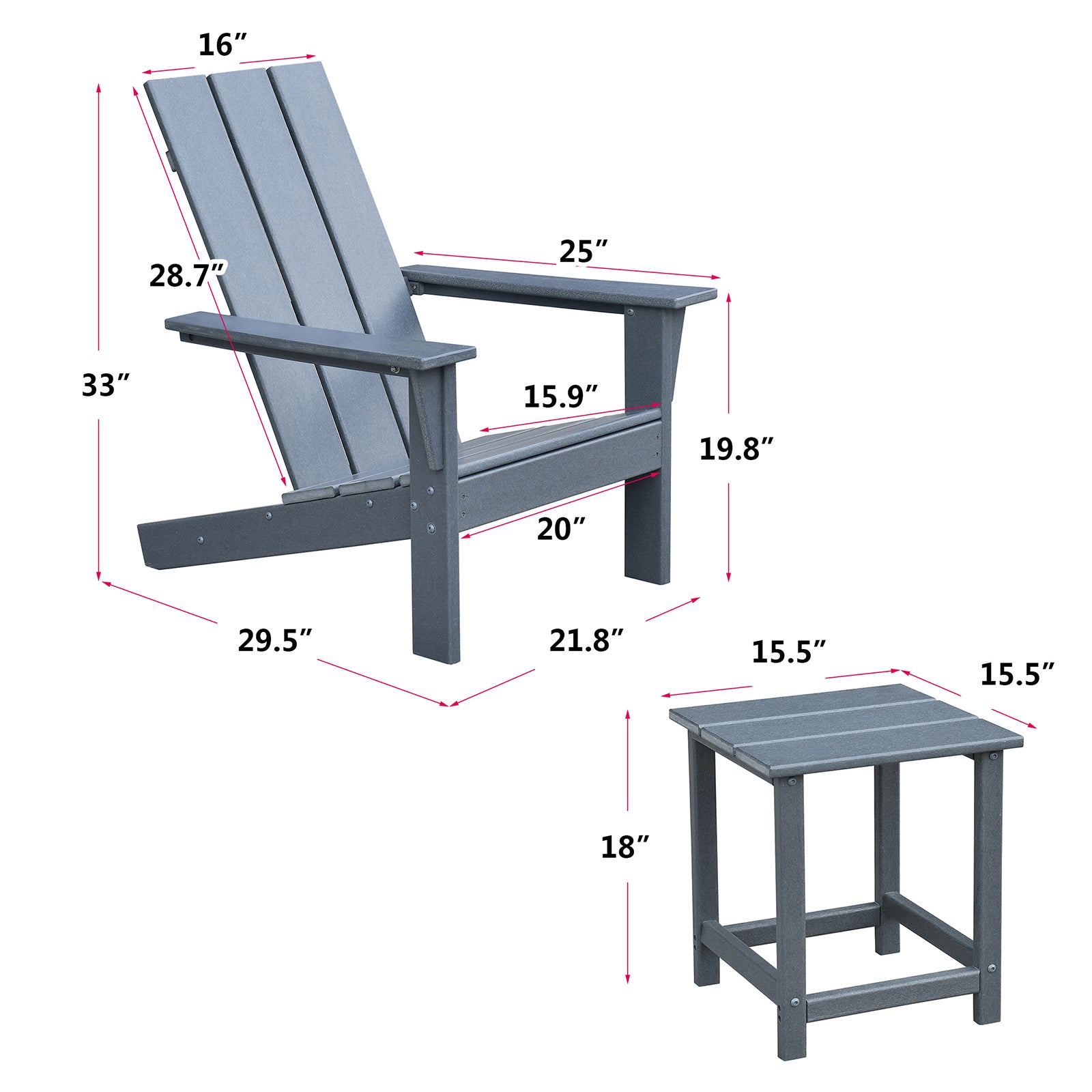 Outdoor Adirondack Chair Set of 2 and Table Set,HDPE All-weather Fire Pit Chair,  Ergonomic Design Patio Lawn Chair for Outside Deck Garden Backyard Balcony, Grey