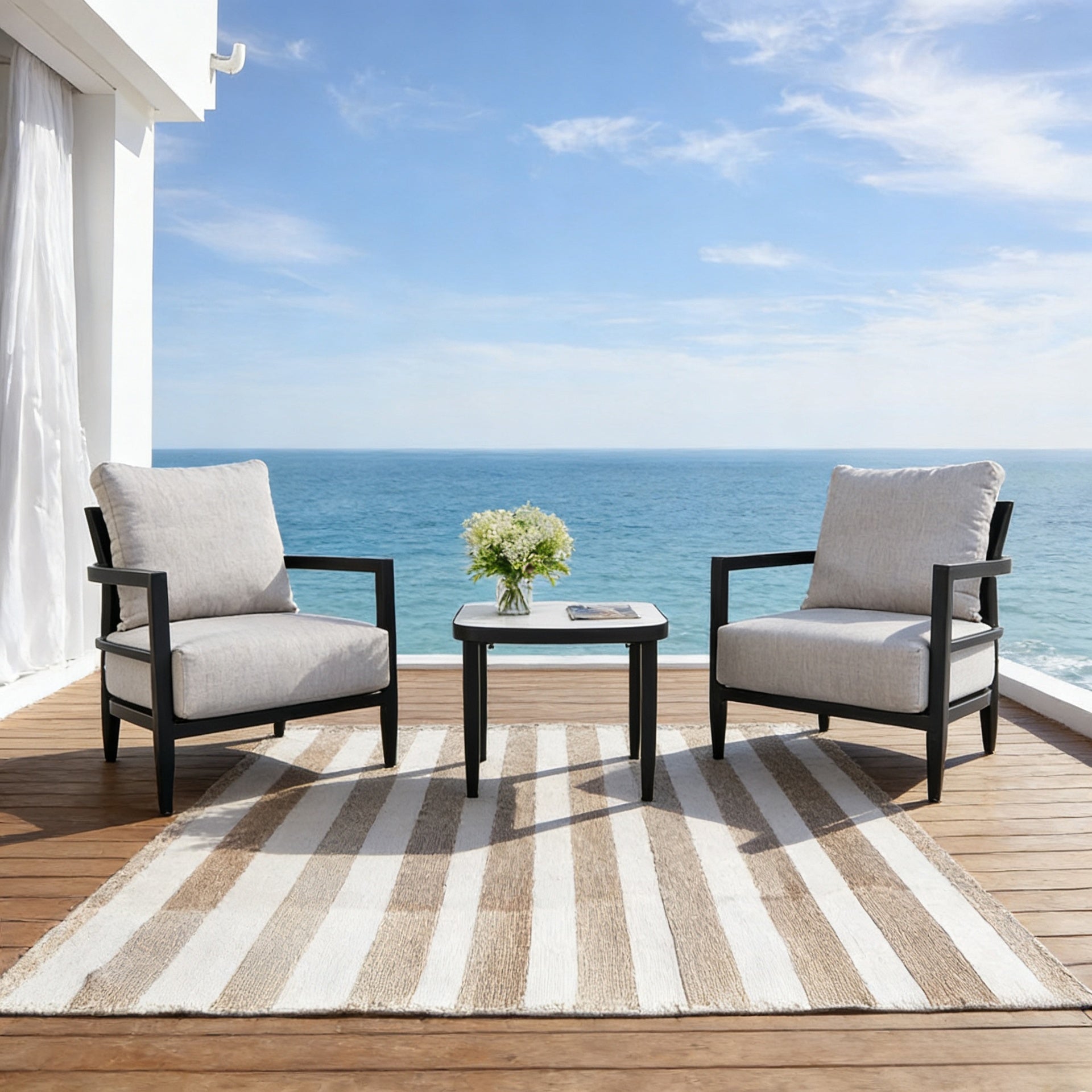 3PC Outdoor Aluminum Patio Furniture, Modern Fully Weld Club Chair Chat Set, Sunbrella Cushions and Elegance Arc 23.6'' Side Table with Greek White Marble-Inspired Sintered Stone Top, Ember Black