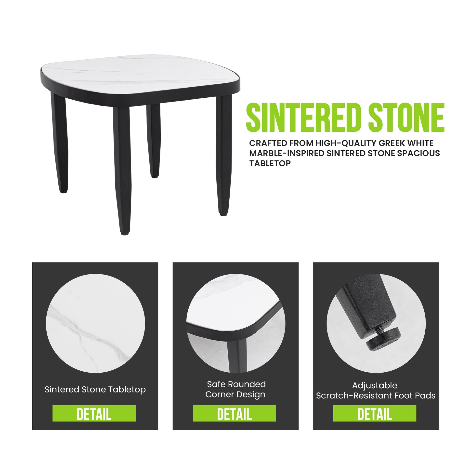 3PC Outdoor Aluminum Patio Furniture, Modern Fully Weld Club Chair Chat Set, Sunbrella Cushions and Elegance Arc 23.6'' Side Table with Greek White Marble-Inspired Sintered Stone Top, Ember Black