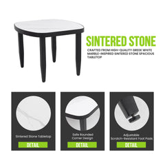 3PC Outdoor Aluminum Patio Furniture, Modern Fully Weld Club Chair Chat Set, Sunbrella Cushions and Elegance Arc 23.6'' Side Table with Greek White Marble-Inspired Sintered Stone Top, Ember Black