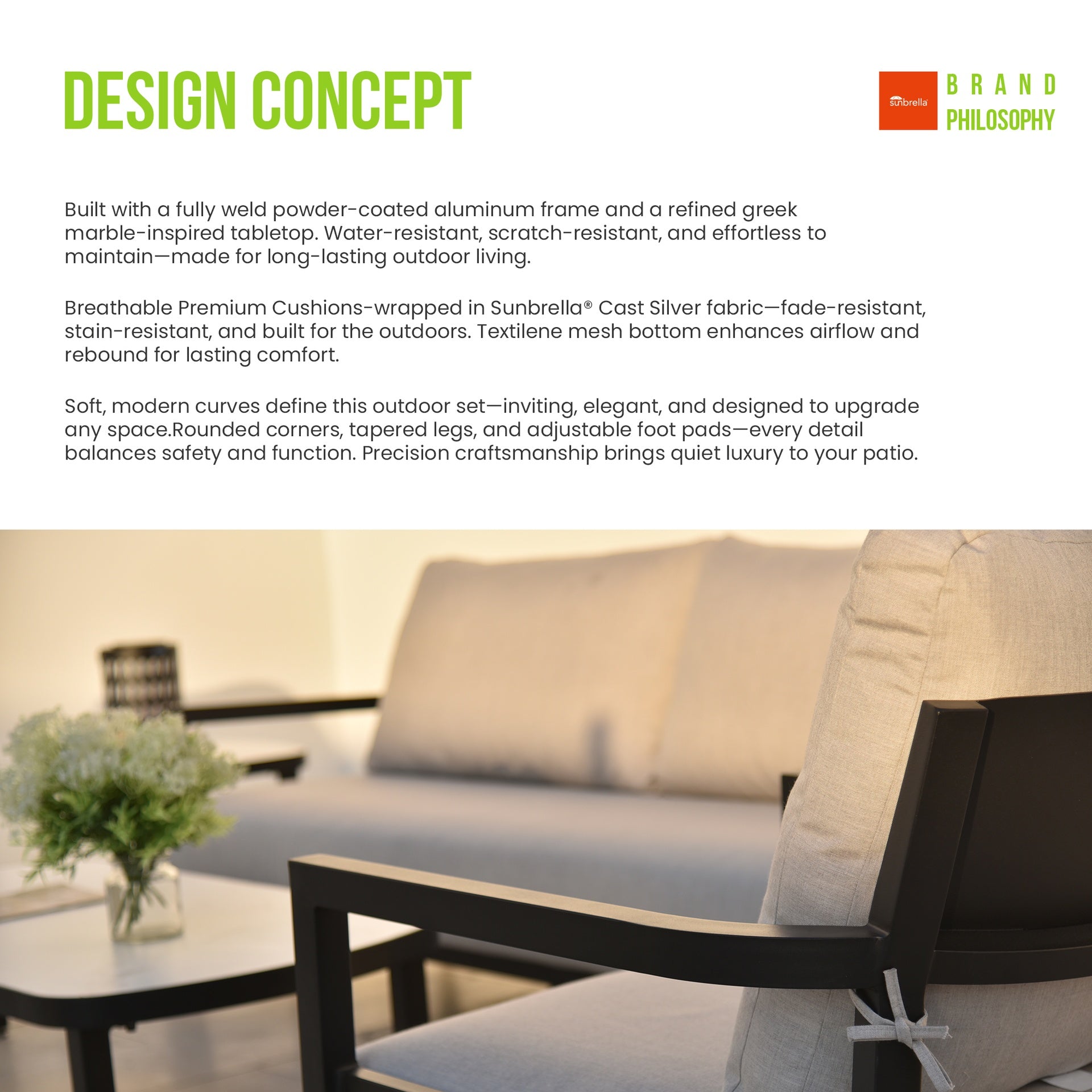 3PC Outdoor Aluminum Patio Furniture, Modern Fully Weld Club Chair Chat Set, Sunbrella Cushions and Elegance Arc 23.6'' Side Table with Greek White Marble-Inspired Sintered Stone Top, Ember Black