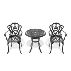 3-Piece Set Of Cast Aluminum Patio Furniture  With Black Frame and Off-white Seat Cushions