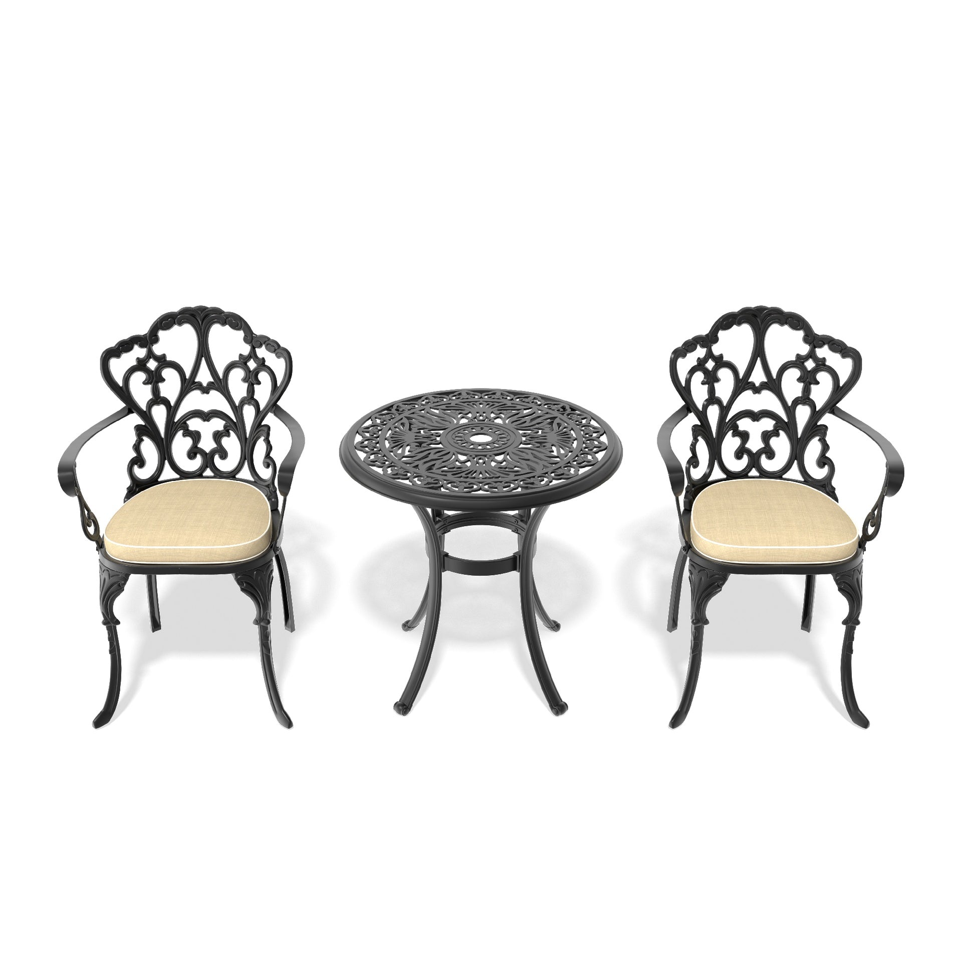 3-Piece Set Of Cast Aluminum Patio Furniture  With Black Frame and Off-white Seat Cushions